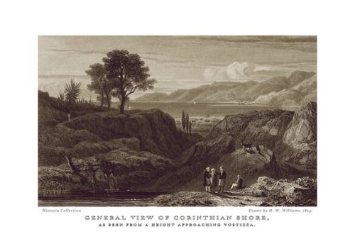 H. W. Williams. General view of Corinthian Shore, as seen from a height approaching Vostizza, 1829